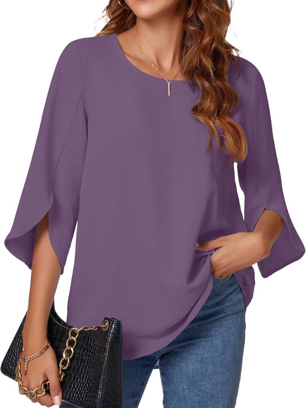 Casual Split-Sleeve Purple Blouse for Women